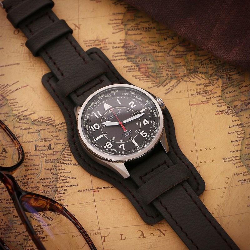 A Black Bund Leather strap on a Citizen watch