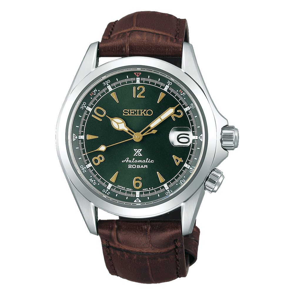 A close-up of a Seiko Alpinist watch.