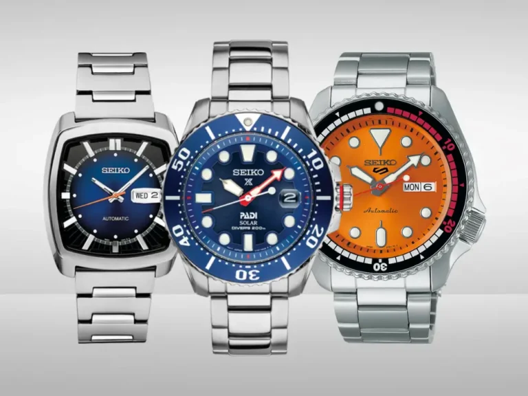 Three top Seiko watches displayed side by side.