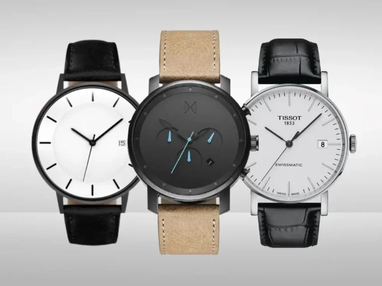 Three top minimalist watches from Tissot, MVMT, and Linger displayed side by side.