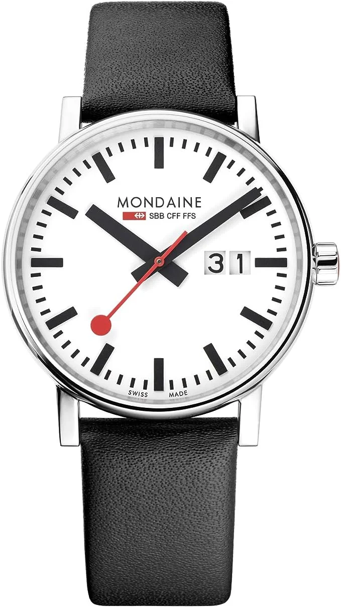 Close-up of the Mondaine Evo2 Stainless Steel watch.