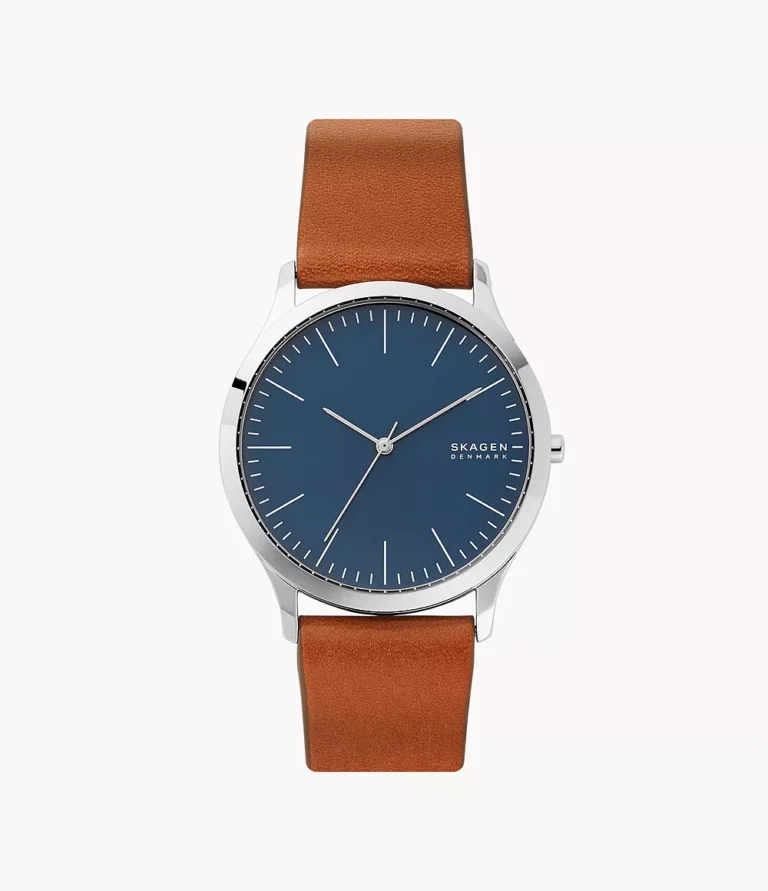 Close-up of the Skagen Jorn Medium Brown Leather watch.