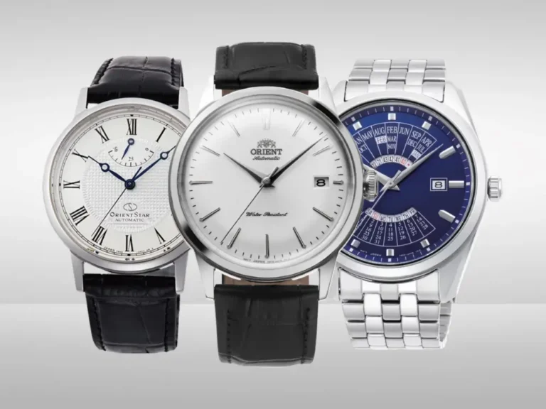 Three top Orient watches displayed side by side.