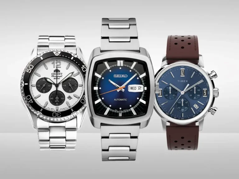 Three affordable watches from Seiko, Timex, and Orient displayed side by side on a white background.