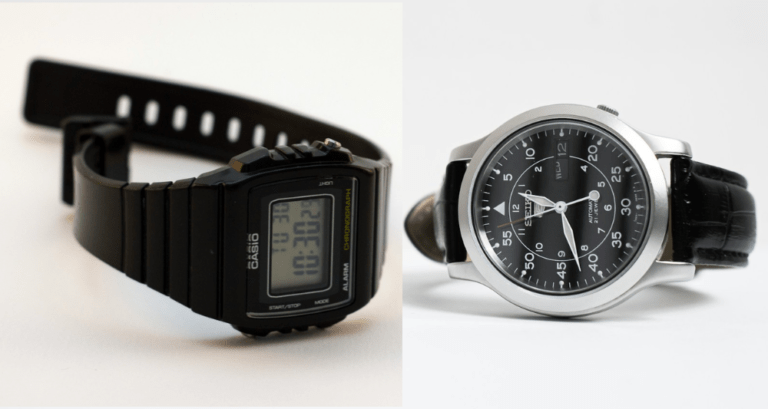 Black Casio digital & black Seiko analog watches side-by-side.