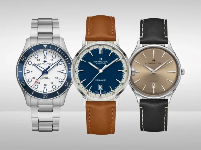 Three top Hamilton watches displayed side by side.