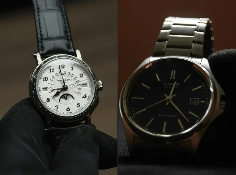 Two watches side by side, with a Patek Philippe automatic watch on the right and a Casio quartz watch on the left.