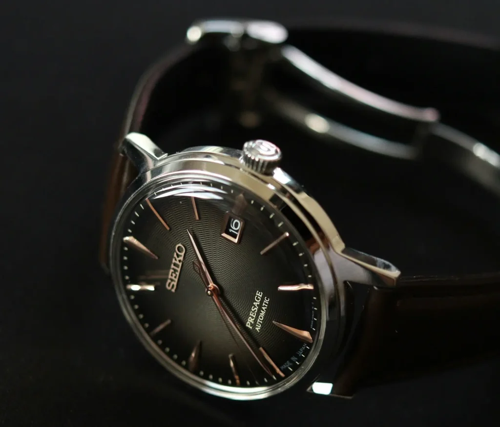 Black dial Seiko Presage automatic Watch with leather strap.