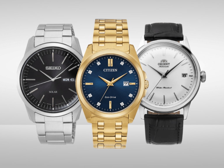 Three elegant dress watches from Citizen, Orient, and Seiko showcased side by side on a clean white background.