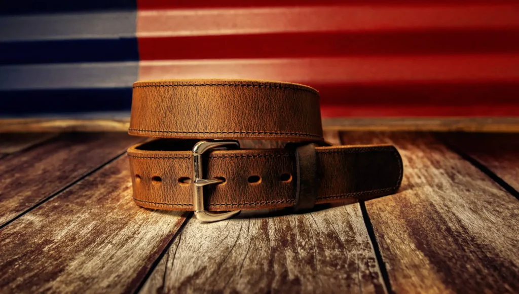 A brown classic leather belt resting on a wooden table