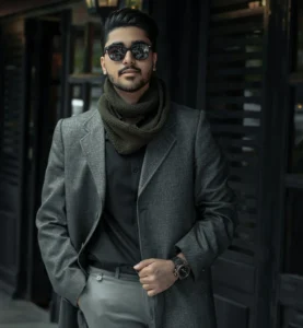 A man in a suit and scarf poses for the camera, wearing different layers that showcase his stylish ensemble.