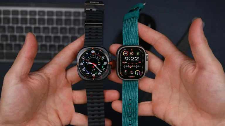 A close-up of two hands displaying two smartwatches.