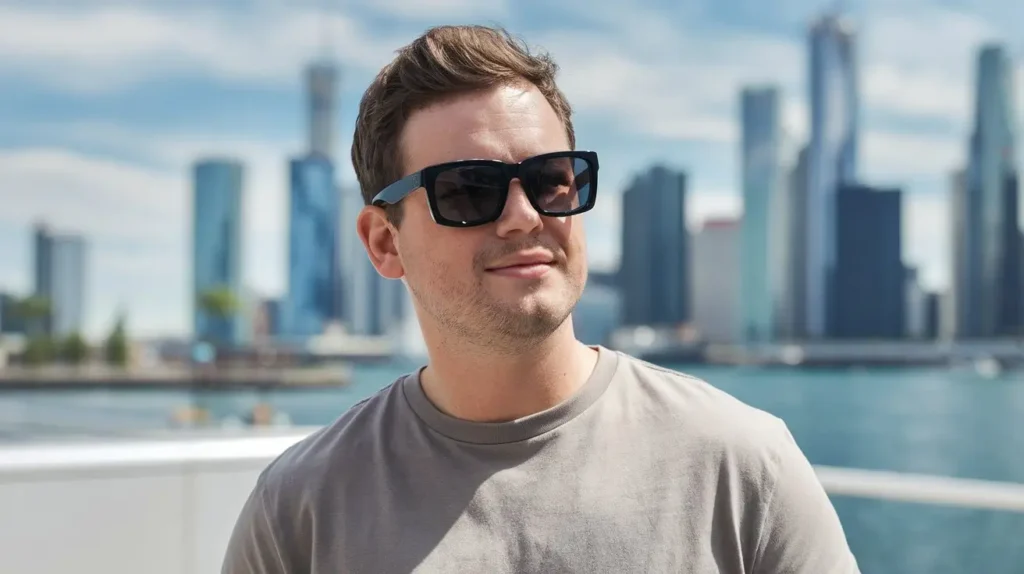 A round-shaped face man in sunglasses stands confidently against a vibrant city skyline.