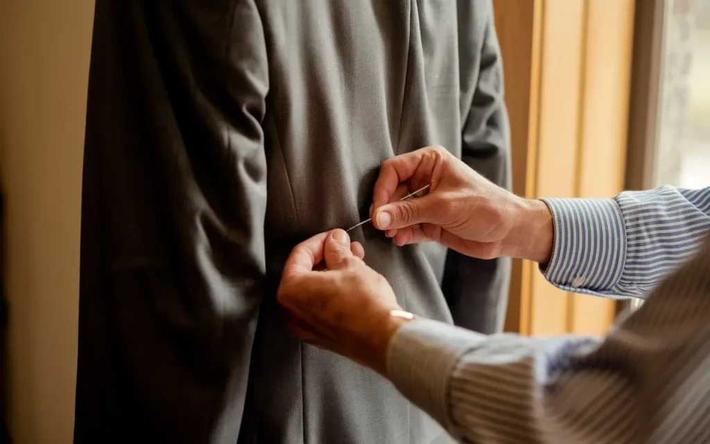 A close-up of a tailor's hands pinning a suit jacket for alterations.