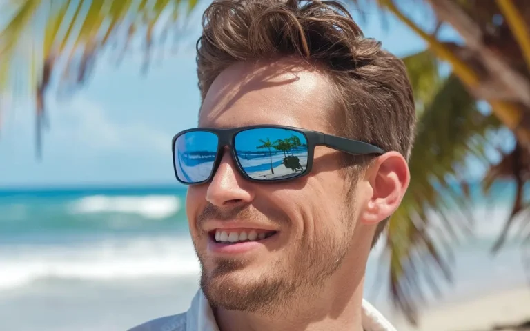 Person wearing sunglasses on a sunny beach, ocean and palm trees reflected in lenses.