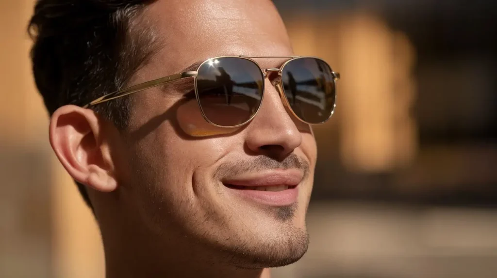 Close-up profile of a man wearing stylish sunglasses, with a blurred urban background.