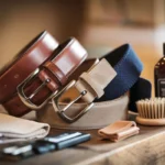 Various men's belts with maintenance tools for leather, suede, and fabric care.