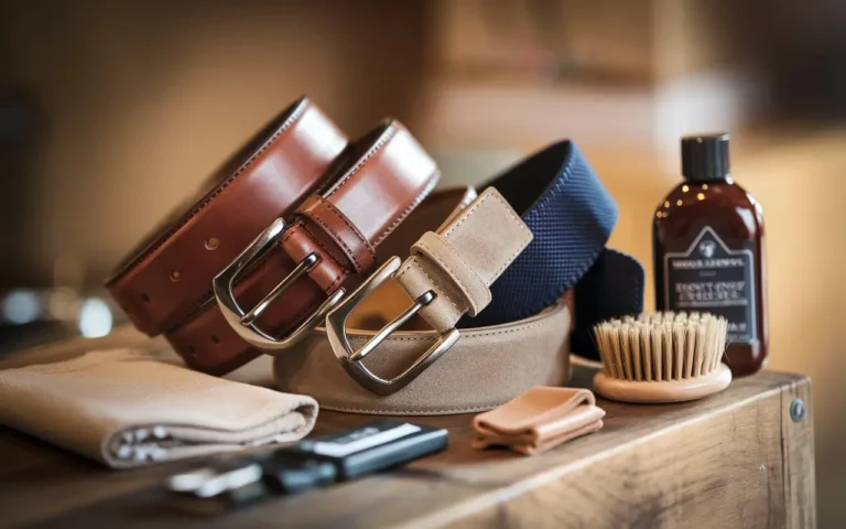 Various men's belts with maintenance tools for leather, suede, and fabric care.