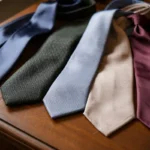 Various tie materials showcasing different textures and colors on wooden desk.