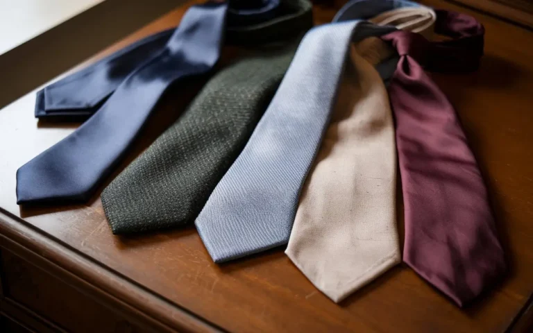 Various tie materials showcasing different textures and colors on wooden desk.