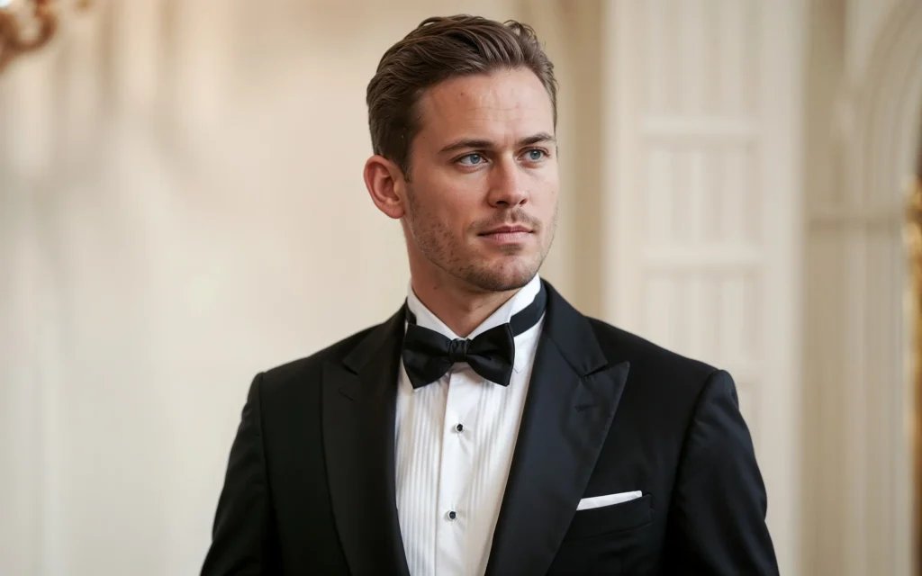 A well-dressed man in a classic tuxedo and bow tie, showcasing a refined and polished appearance for a formal occasion.