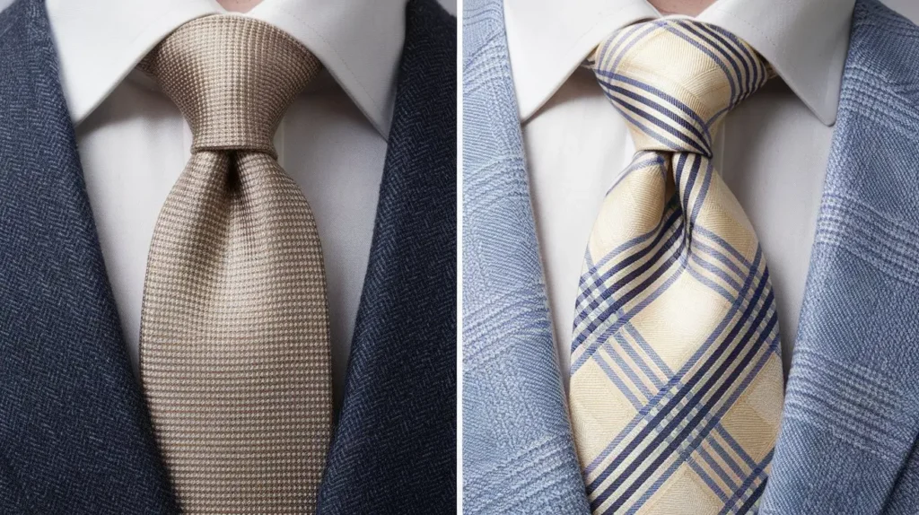 Silk-wool and cotton-linen blend ties showcasing unique textures side by side.