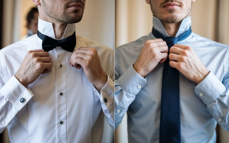 Two men in shirts and ties, one fixing his bow tie and the other adjusting his necktie, both looking sharp and dapper.