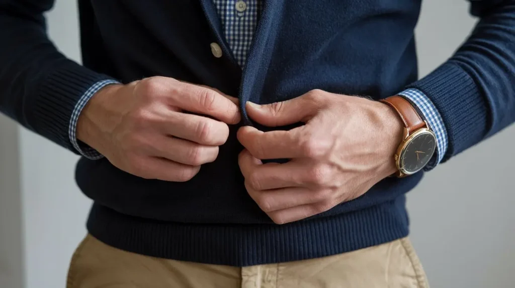 Close-up of man wearing patterned shirt under solid sweater, demonstrating color coordination.