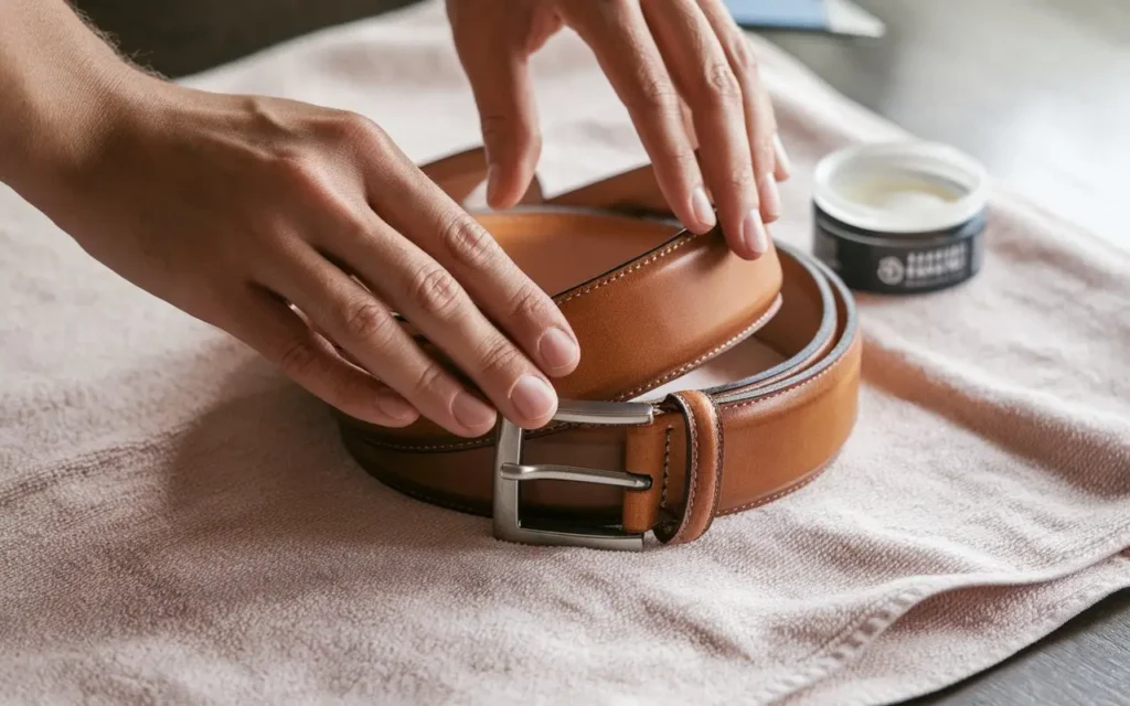 Hands applying leather conditioner to a brown belt for proper maintenance