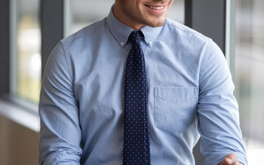 Smiling young professional in navy polka dot cotton tie and light blue shirt.