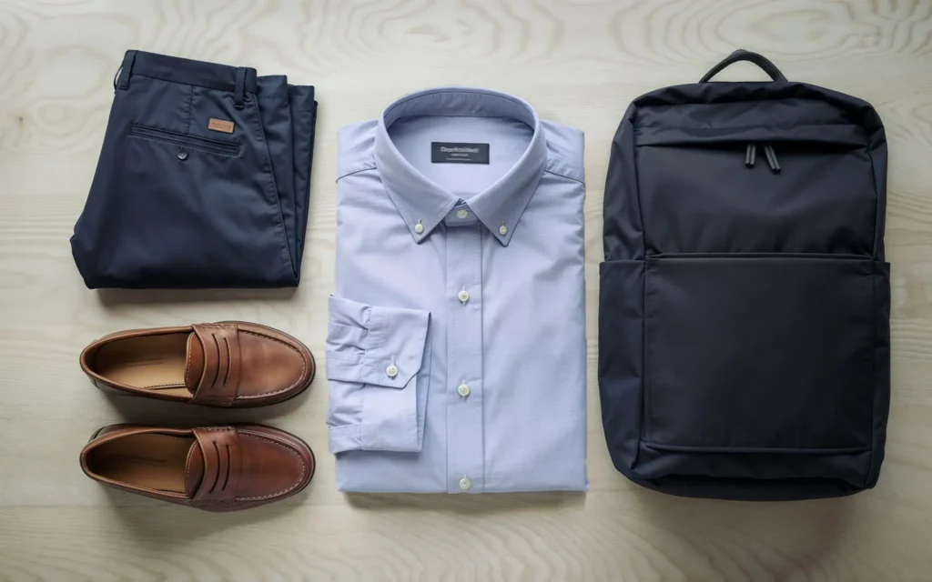 Flatlay of business casual wardrobe essentials including shirt, pant, shoes, and bag.