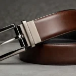 A stylish brown reversible belt featuring a sleek steel buckle.