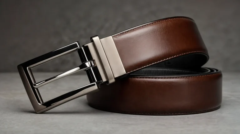 A stylish brown reversible belt featuring a sleek steel buckle.