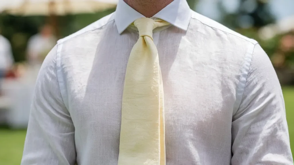 Man at summer event wearing pale yellow linen tie with white linen shirt.