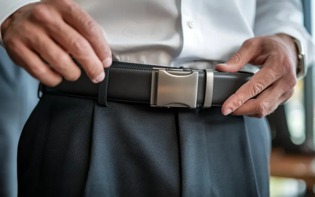 Close-up of a man adjusting a sleek black no-hole belt with a ratchet closure mechanism.