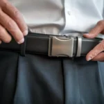 Close-up of a man adjusting a sleek black no-hole belt with a ratchet closure mechanism.