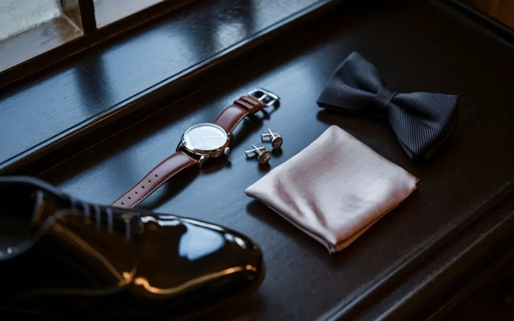 Men's formal accessories including watch, cufflinks, pocket square, and shoes.