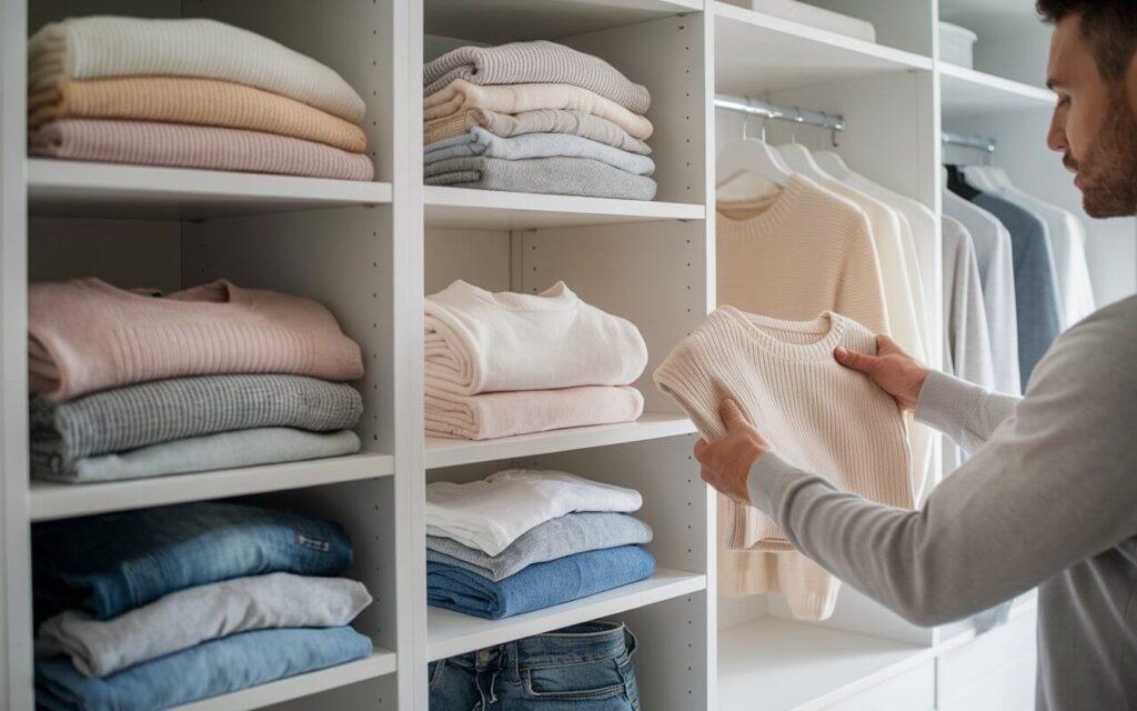 A person folding sweater and organizing neatly on shelves in a minimalistic closet.