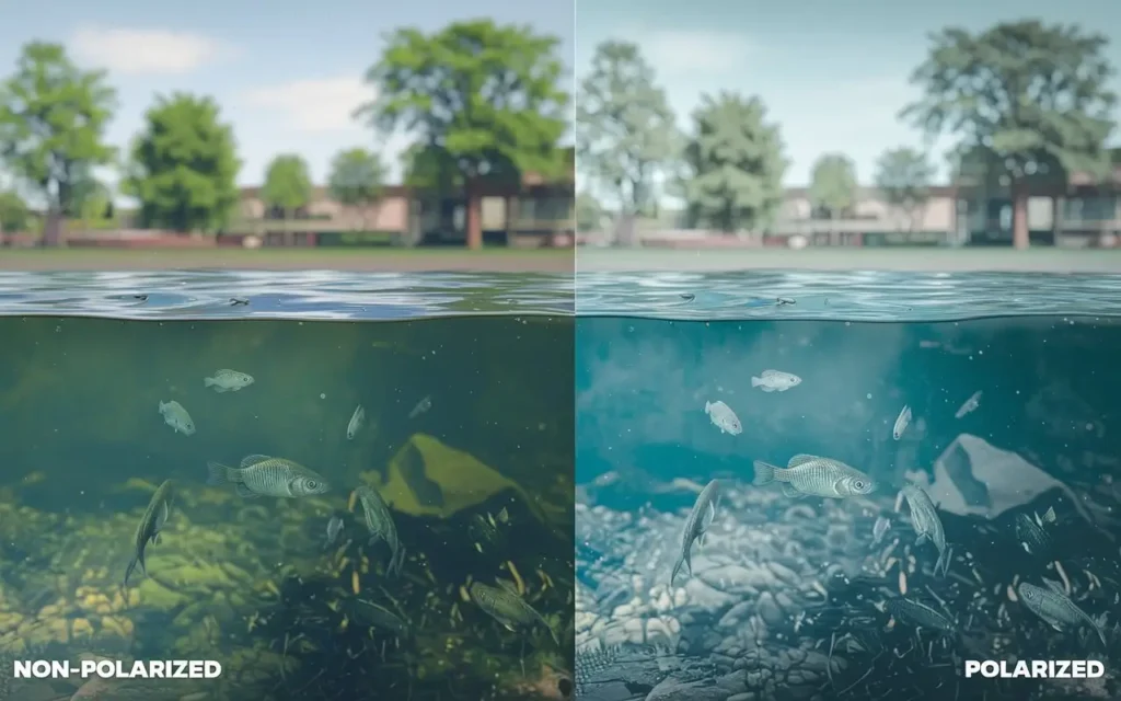 Split image comparing polarized and non-polarized lenses: glare on water vs. clear view of fish underwater.