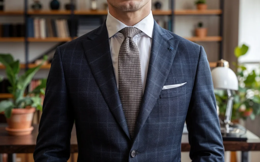 A man in a suit and necktie stands confidently in front of a desk, ready for a meeting or presentation.