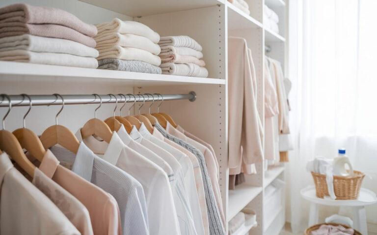 Neatly arranged wardrobe with folded clothes and hanging garments in an organized closet.