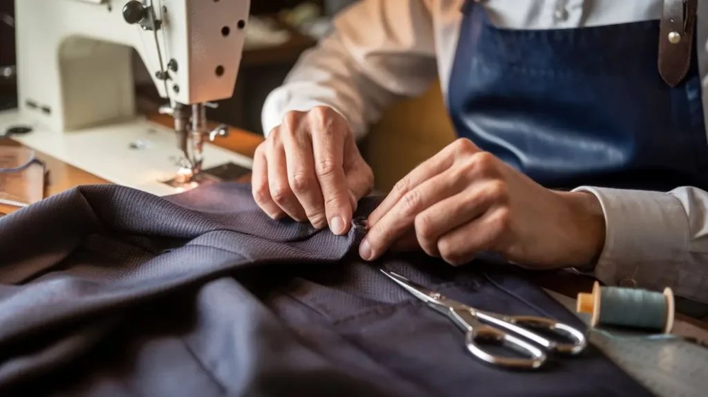 Tailor's hands carefully stitching buttonhole on suit jacket, showcasing craftsmanship.