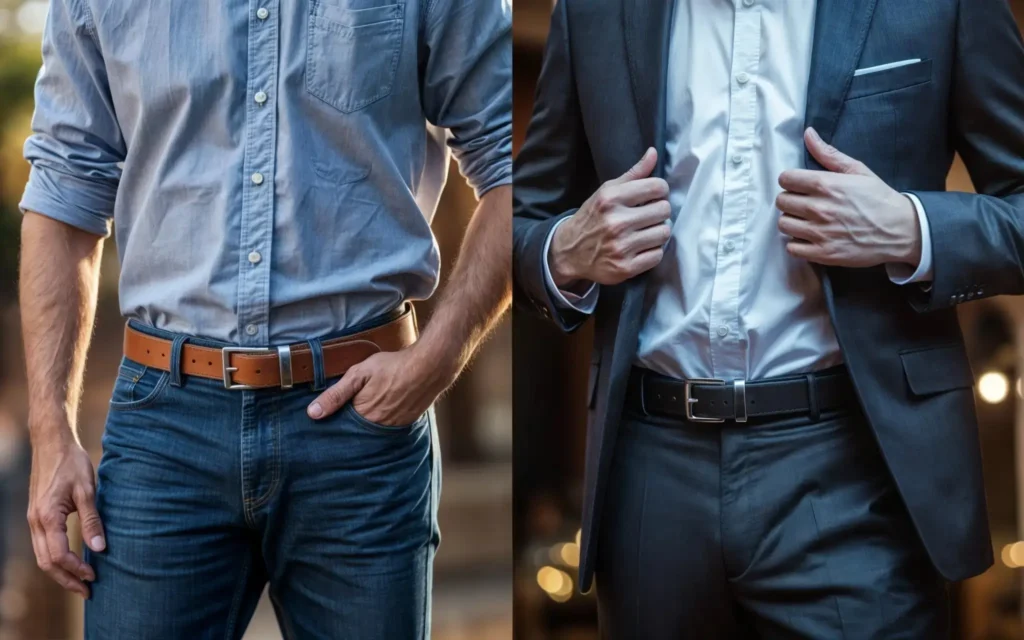 A man in a suit and a man in jeans, both showcasing a reversible belt, highlighting different styles and fashion choices.