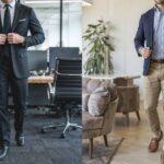 Side-by-side comparison of formal business wear versus business casual attire