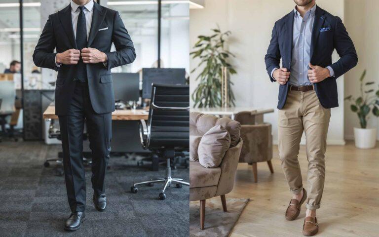 Side-by-side comparison of formal business wear versus business casual attire