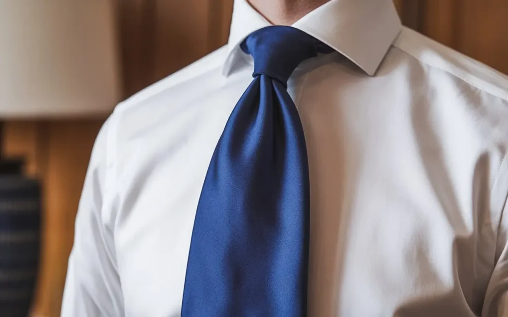 Man wearing elegant royal blue silk tie with perfect dimple knot.