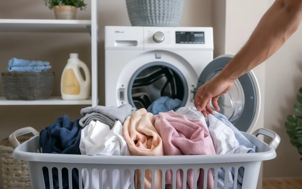 Close-up of sorted laundry with clothes and a washing machine in a modern laundry room.