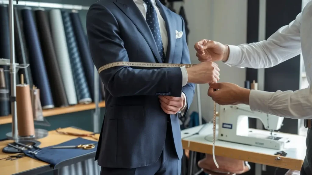 Professional tailor measuring suit sleeve length on client in modern workspace.