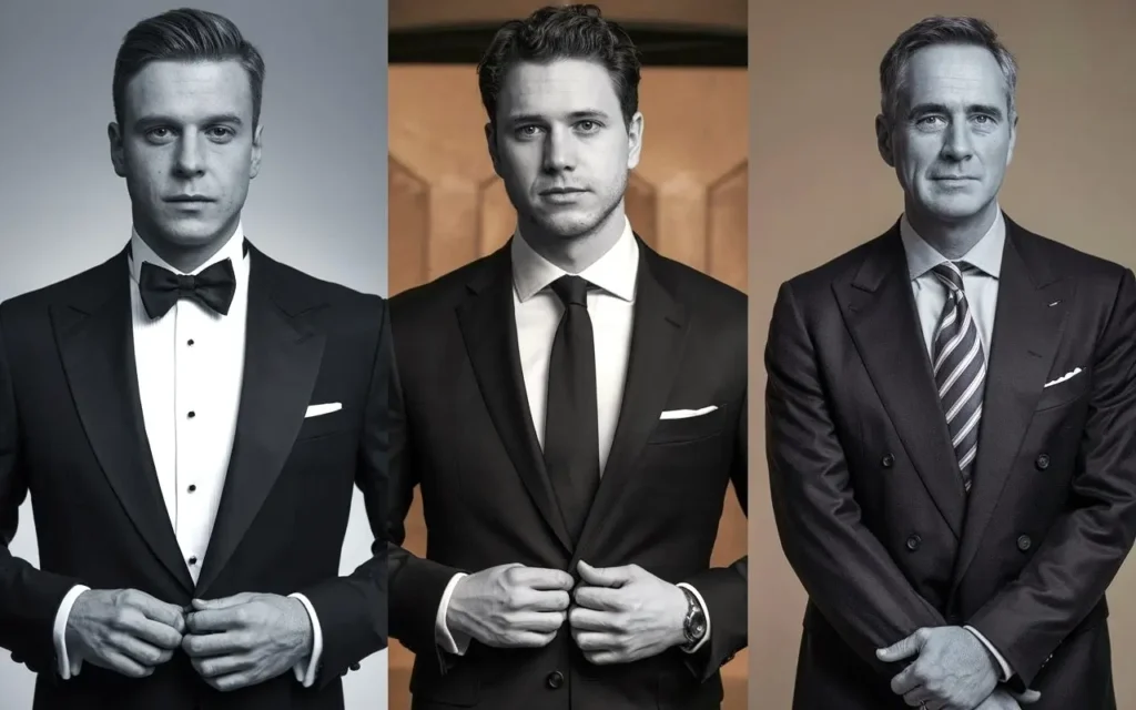 Three men showcasing black tie, semi-formal, and business formal attire.