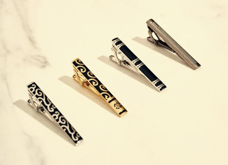 Four distinct tie clips displayed on a marble surface, showcasing various designs and finishes.